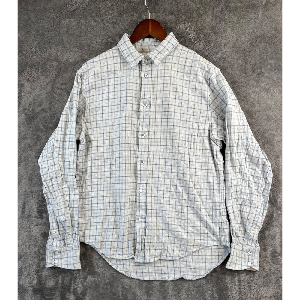 Rag & Bone Flannel Shirt Mens LargeWhite Blue Plaid Button Up Made In USA